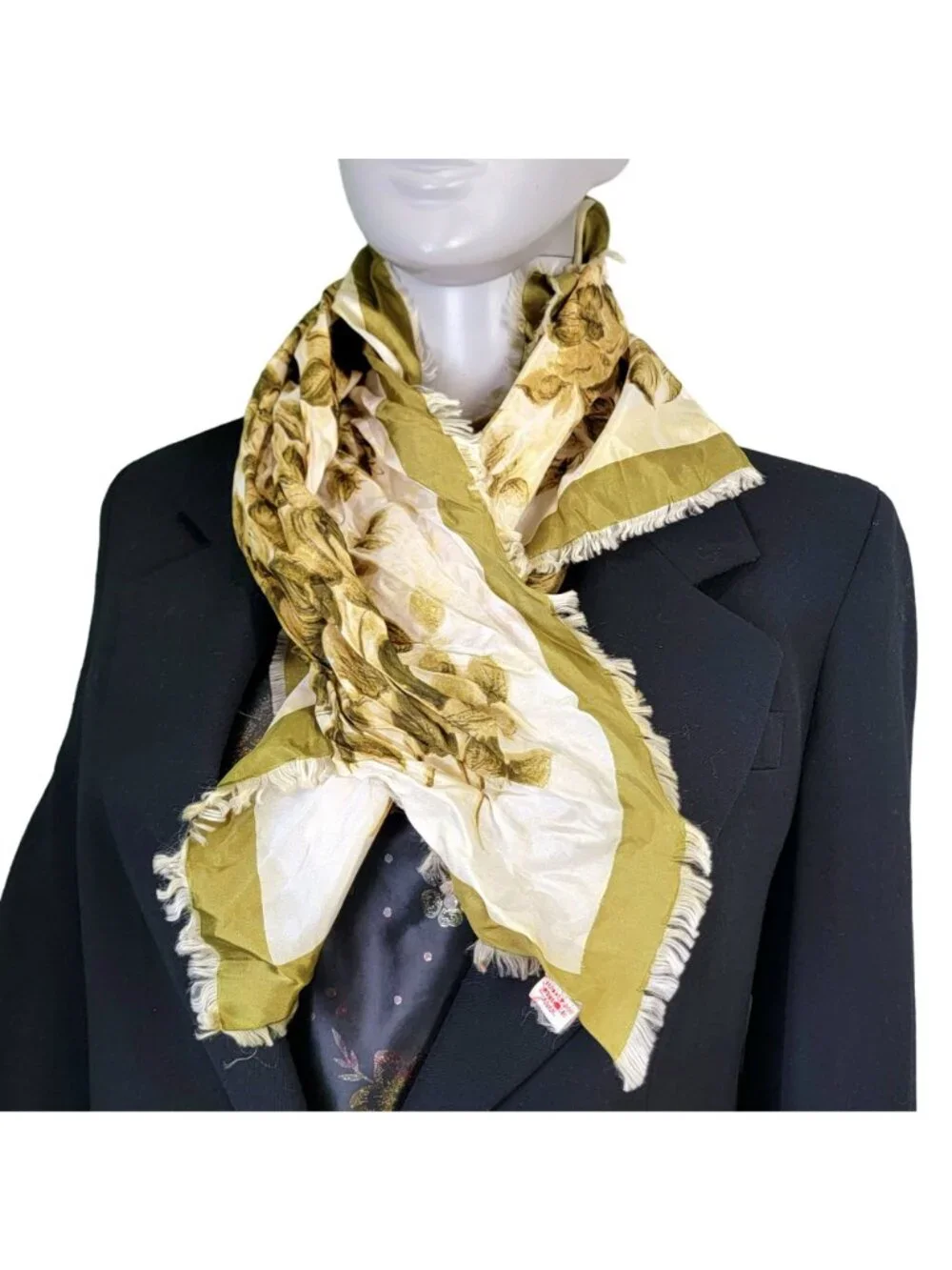 Vintage 70s Floral Scarf Women Accessories Acetate Fringe Green Beige Fall Leave